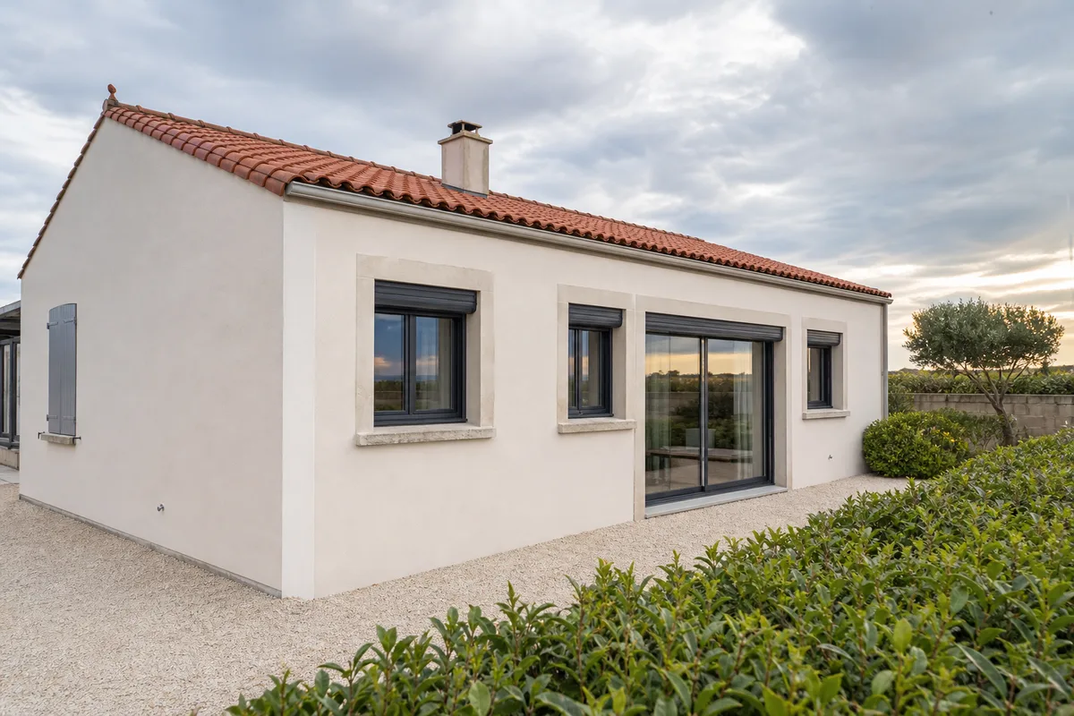 Fenêtres en aluminium gris posées en rénovation sur une maison vendéenne en enduit clair