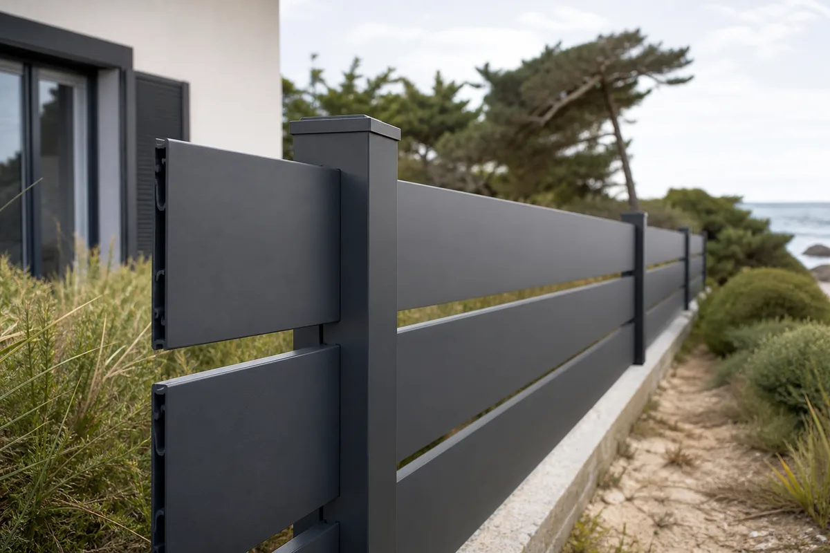 Clôture en lames PVC gris anthracite devant une maison vendéenne à l&rsquo;enduit clair