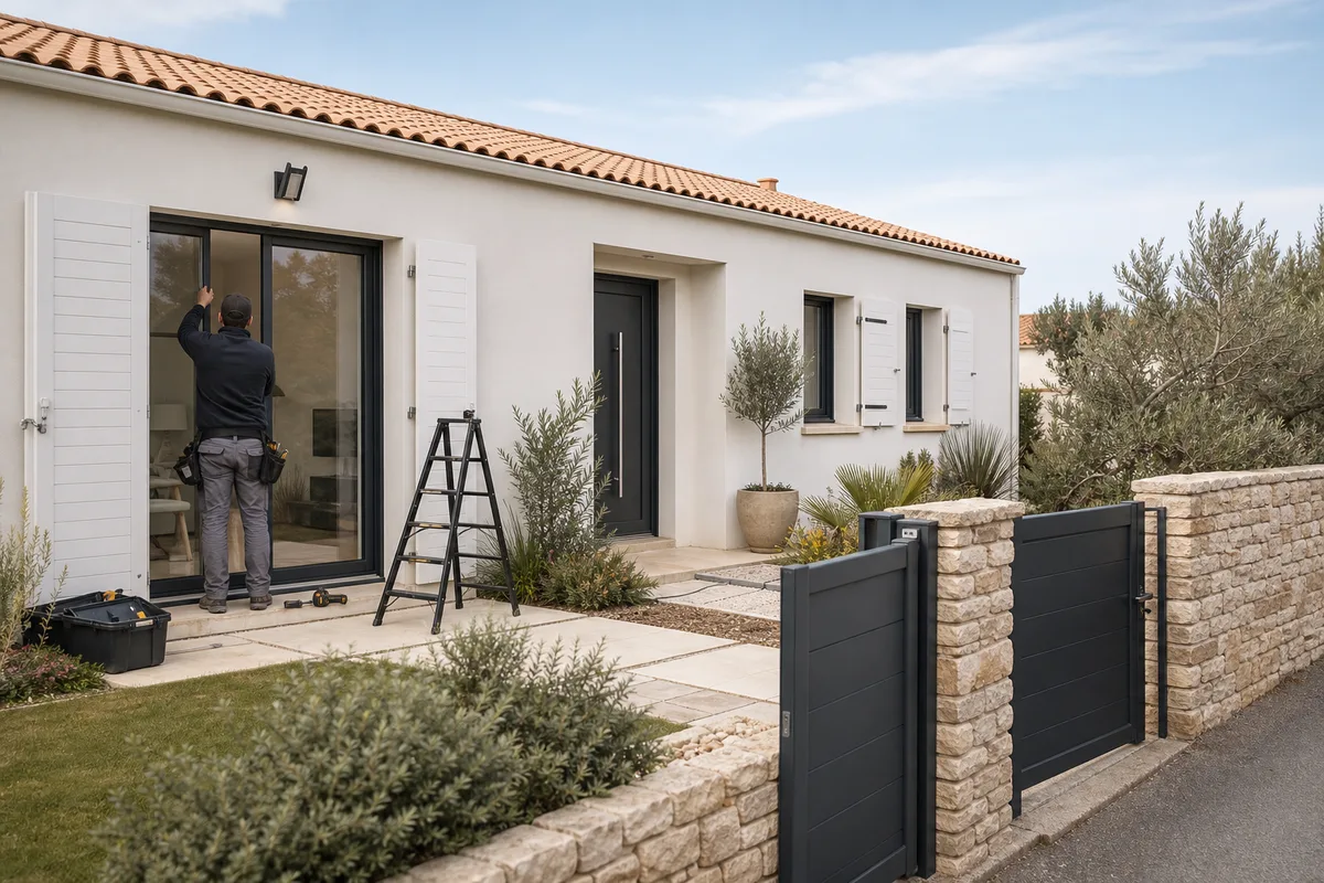 Pose d'une fenêtre en aluminium sur une maison vendéenne, façade enduite claire et ciel d'ouest
