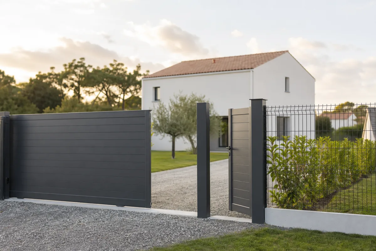 Portail coulissant en aluminium anthracite devant une clôture de panneaux rigides sur une parcelle pavillonnaire