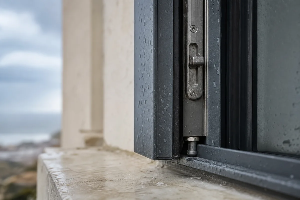 Fenêtre en aluminium gris posée sur une maison basse à enduit clair, gouttes de pluie sur le profil