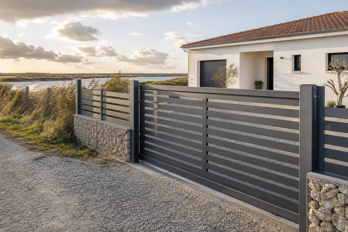 Portail coulissant en aluminium à lames ajourées devant une clôture, en bordure du marais breton vendéen