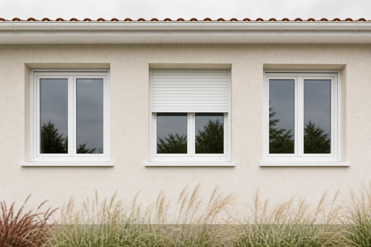 Façade de maison vendéenne en enduit clair avec fenêtres PVC blanches récemment posées