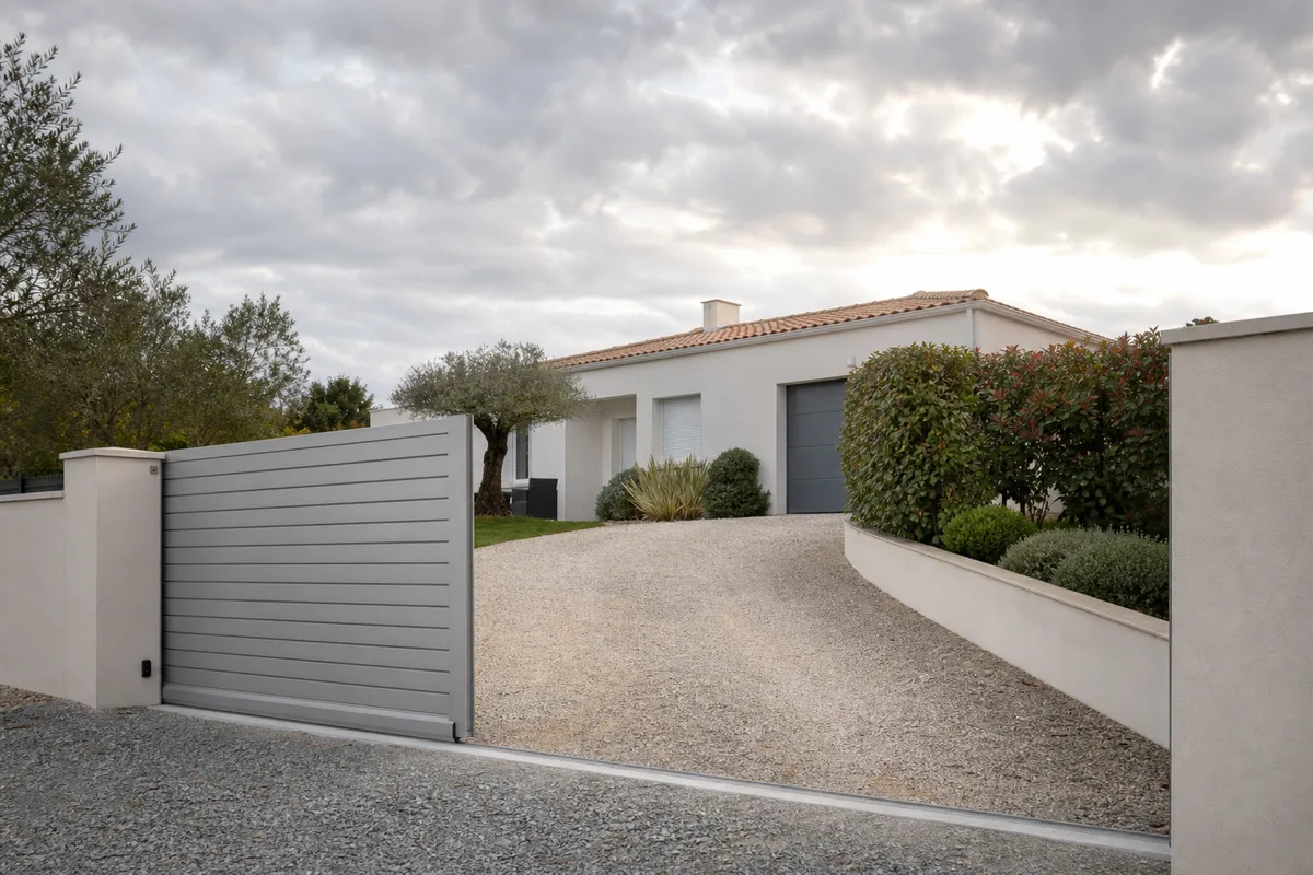 Portail coulissant en aluminium devant une maison vendéenne à enduit clair