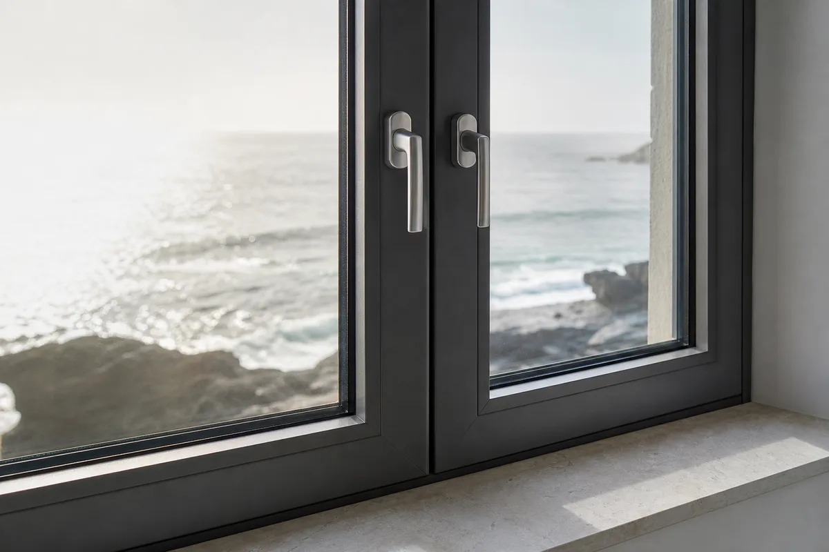 Fenêtre aluminium récente donnant sur l&rsquo;océan dans une maison du littoral vendéen