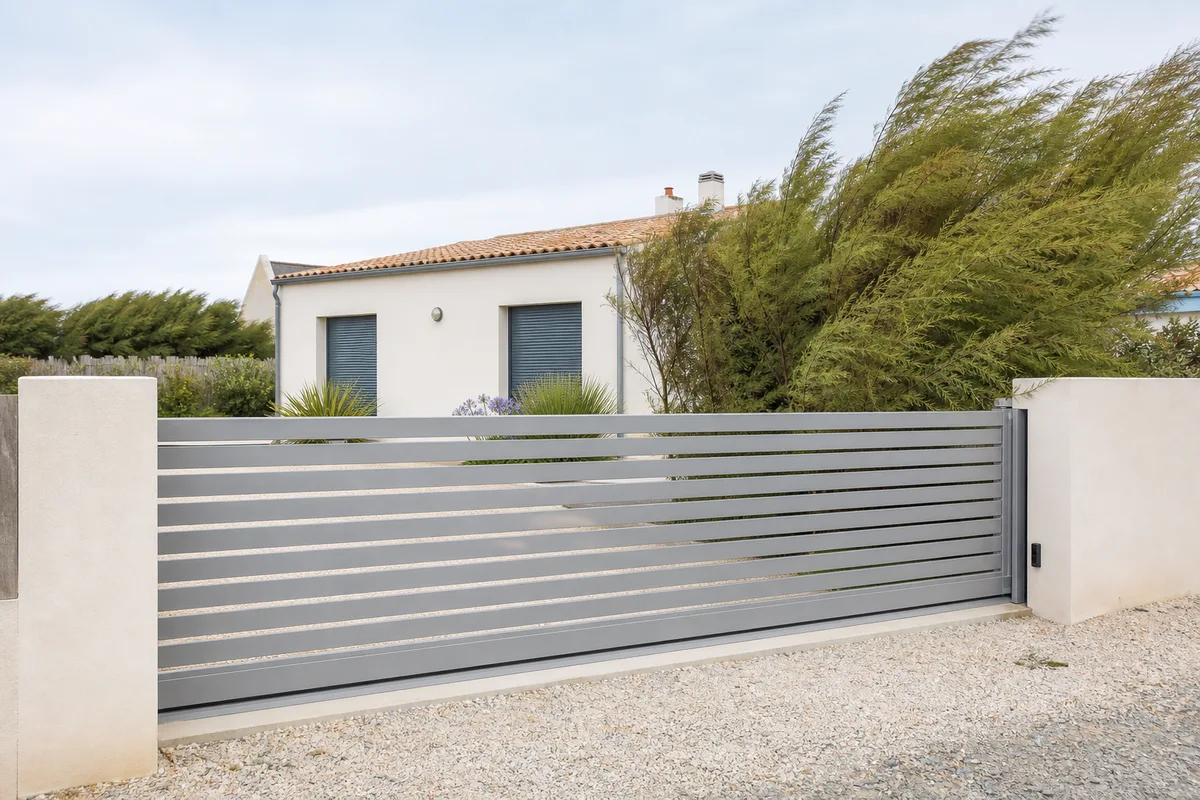 Portail coulissant aluminium ajouré devant une maison vendéenne à l&rsquo;enduit clair