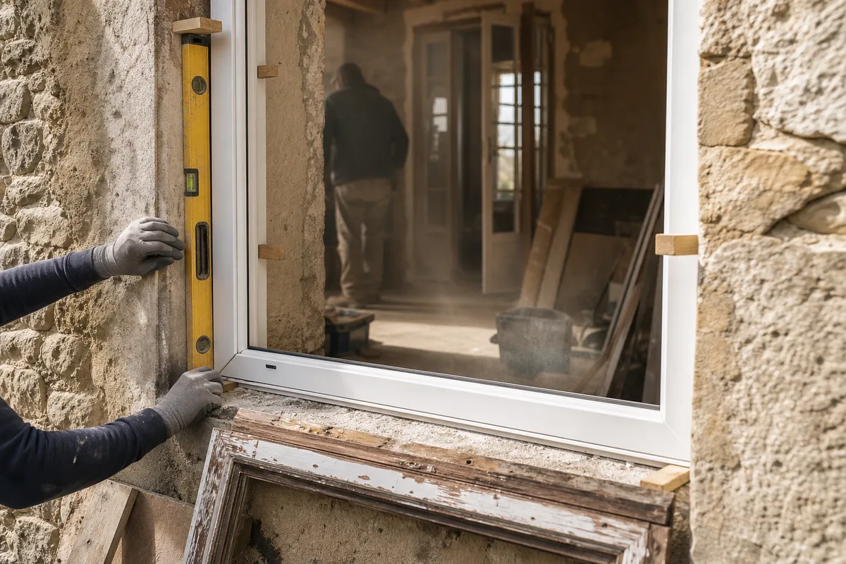 Façade en enduit clair d’une maison de bourg vendéenne avec fenêtres bois remplacées par des menuiseries blanches