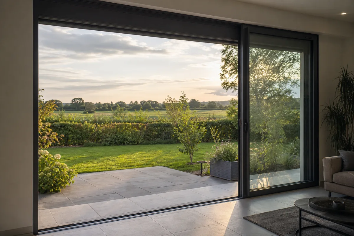 Baie vitrée coulissante en aluminium gris ouverte sur une terrasse et un jardin de lotissement vendéen
