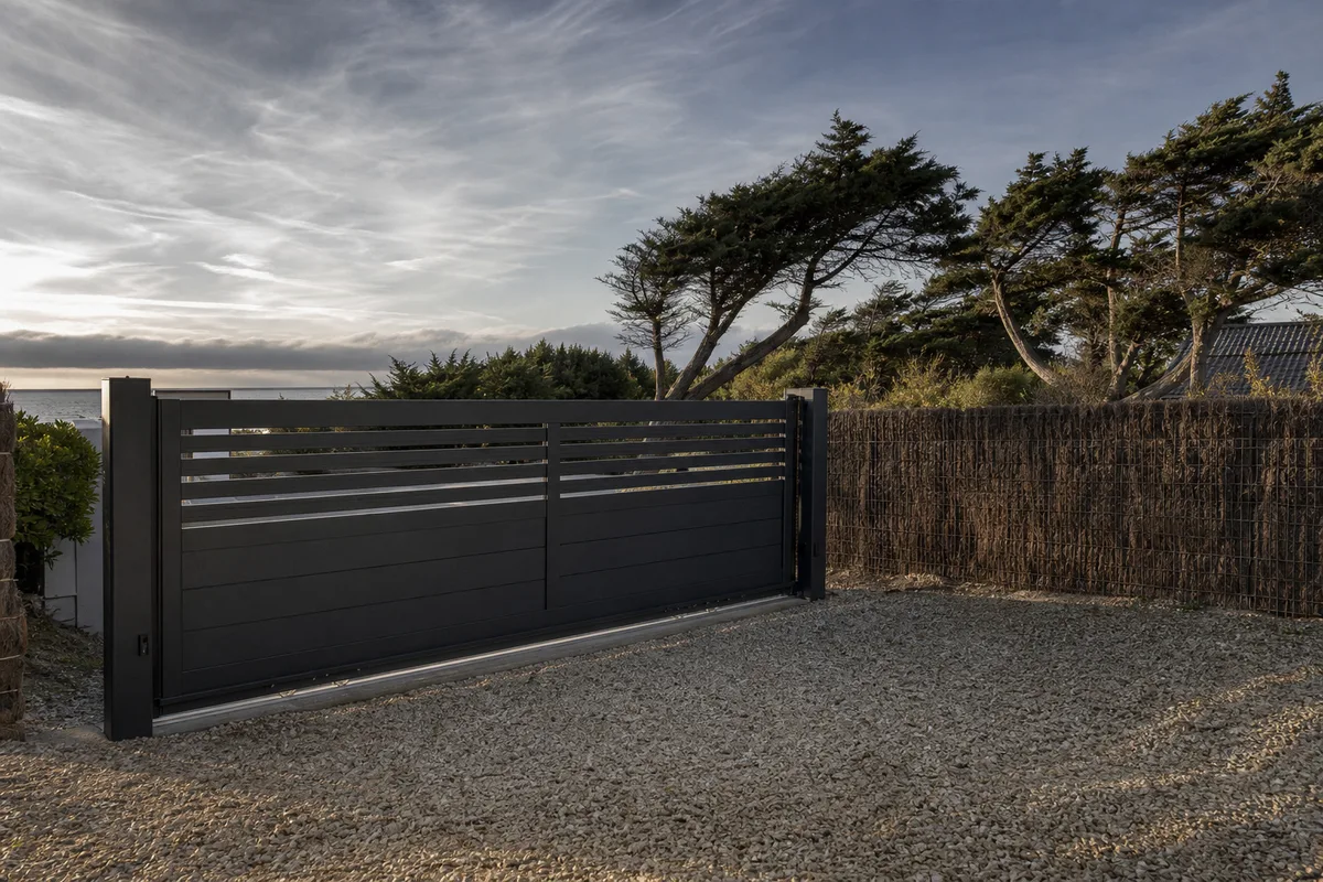 Portail aluminium coulissant semi-ajouré devant un jardin clos de brande sous un ciel d’ouest vendéen