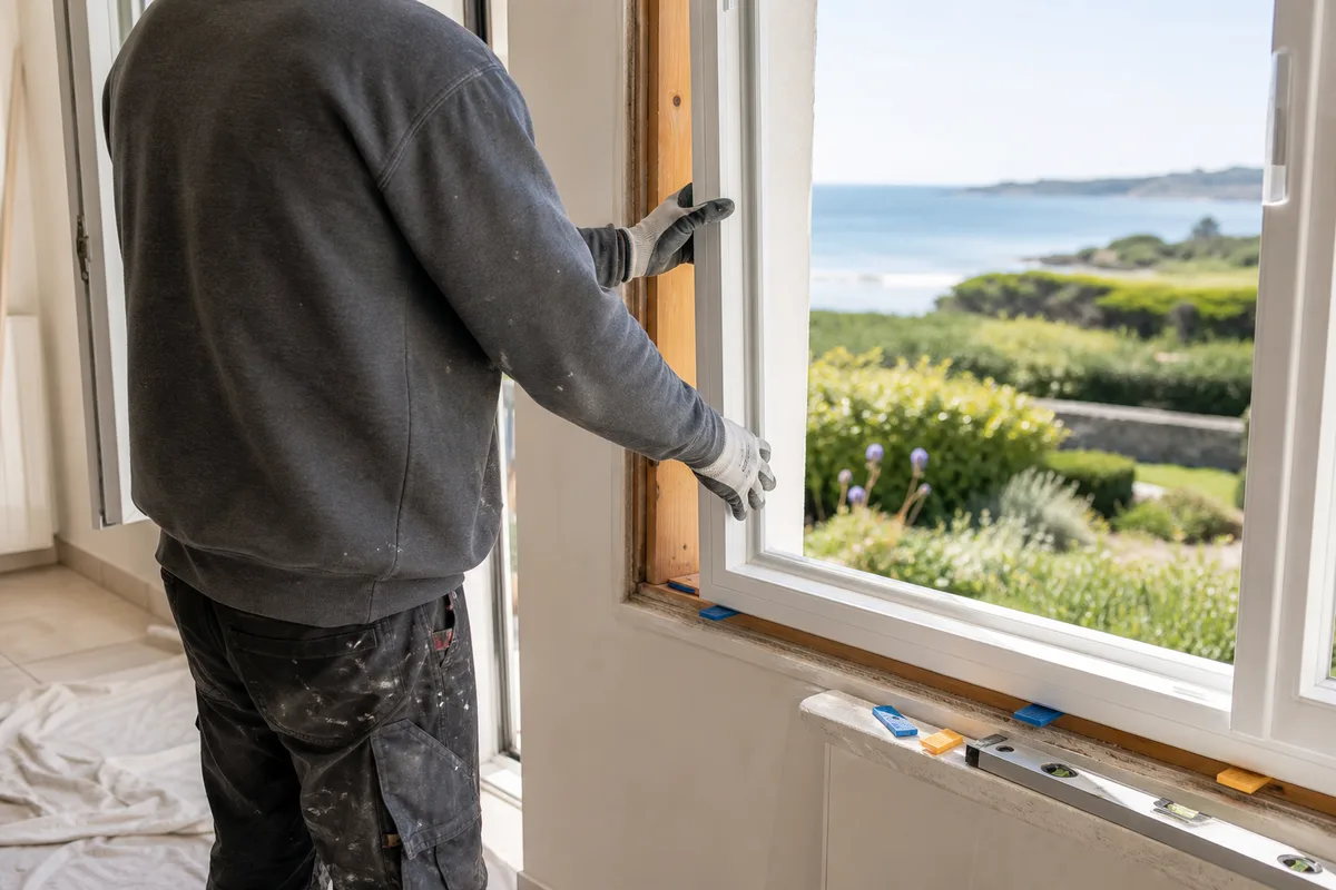 Pose d&rsquo;une fenêtre en rénovation sur dormant existant dans une maison vendéenne à enduit clair