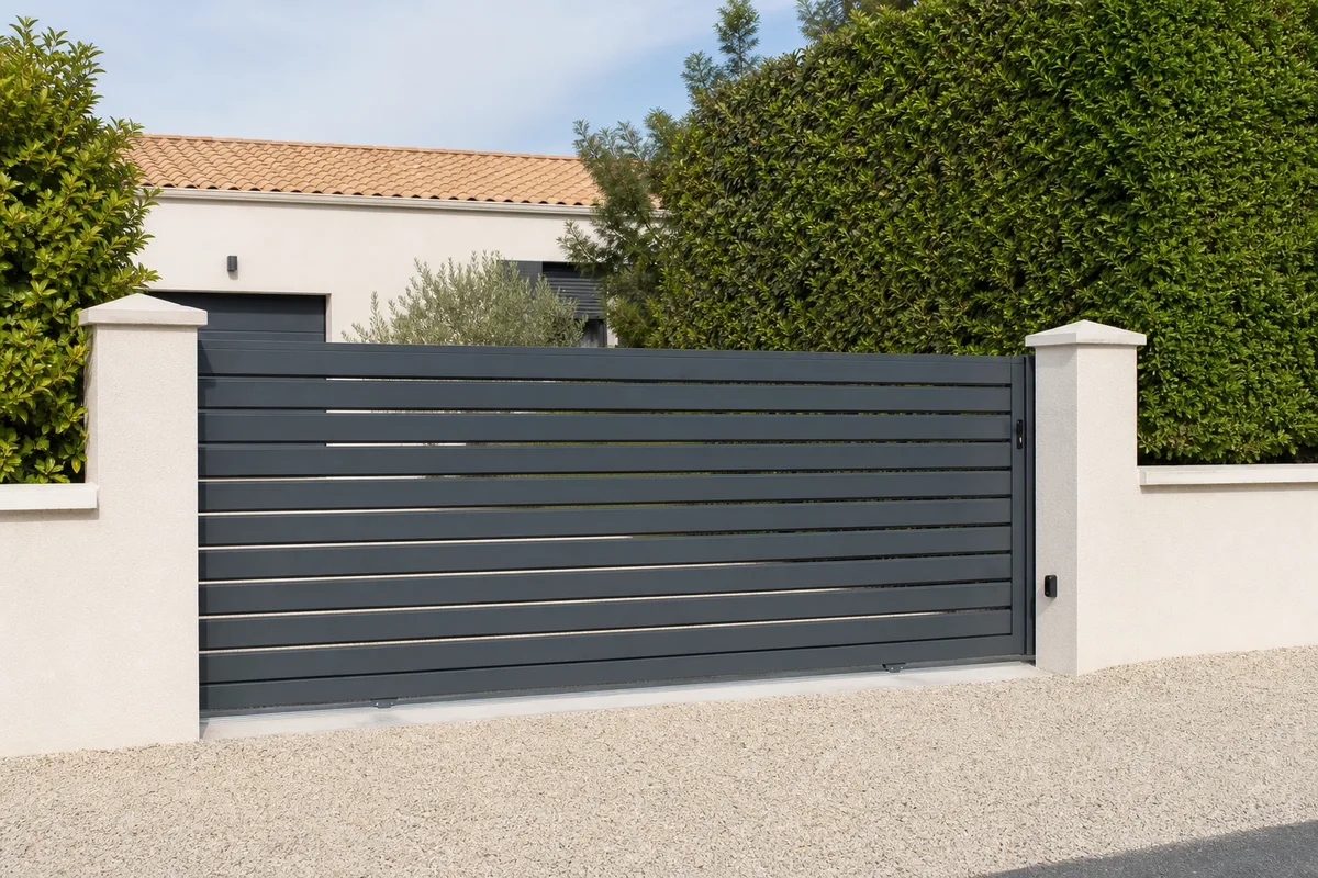 Portail coulissant en aluminium motorisé devant une maison vendéenne à façade enduite