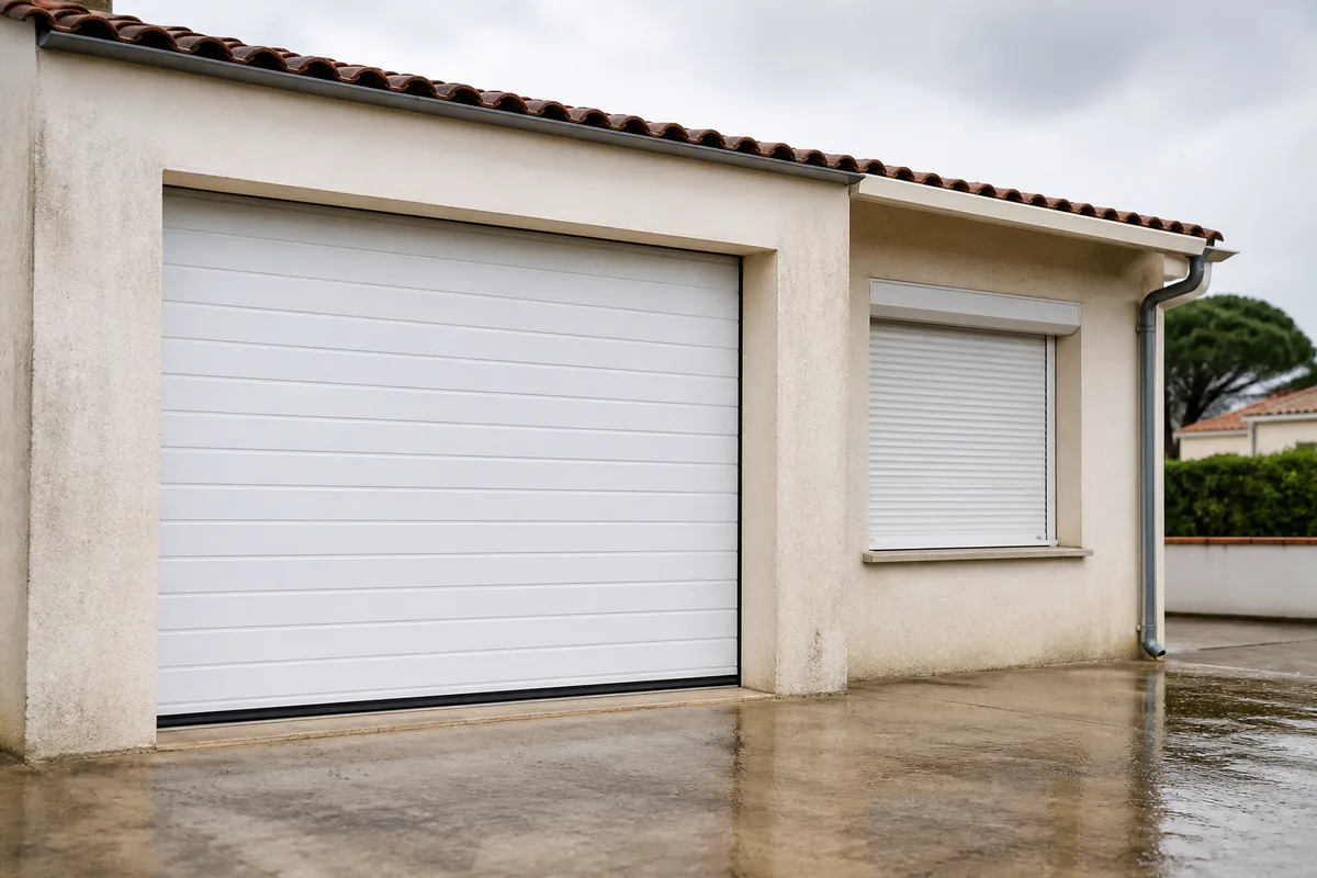 Porte de garage sectionnelle blanche posée sur une maison vendéenne à enduit clair