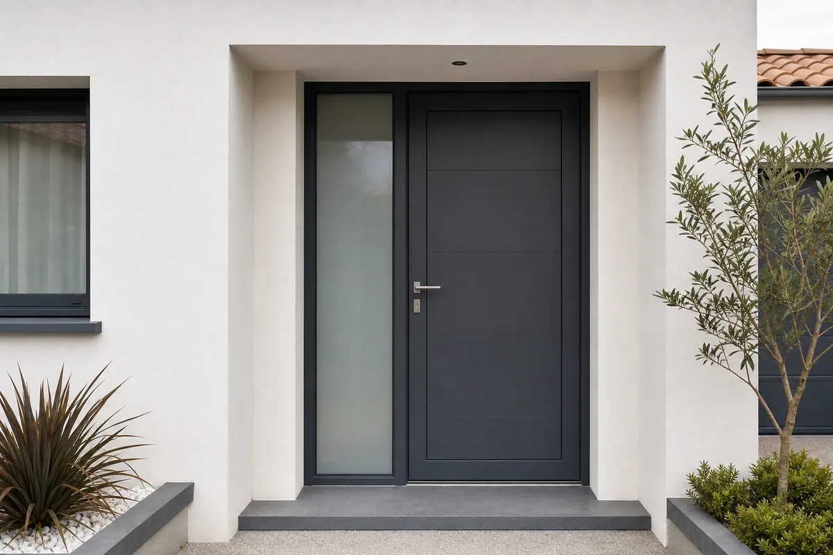 Porte d'entrée en aluminium gris installée sur un pavillon récent de Challans
