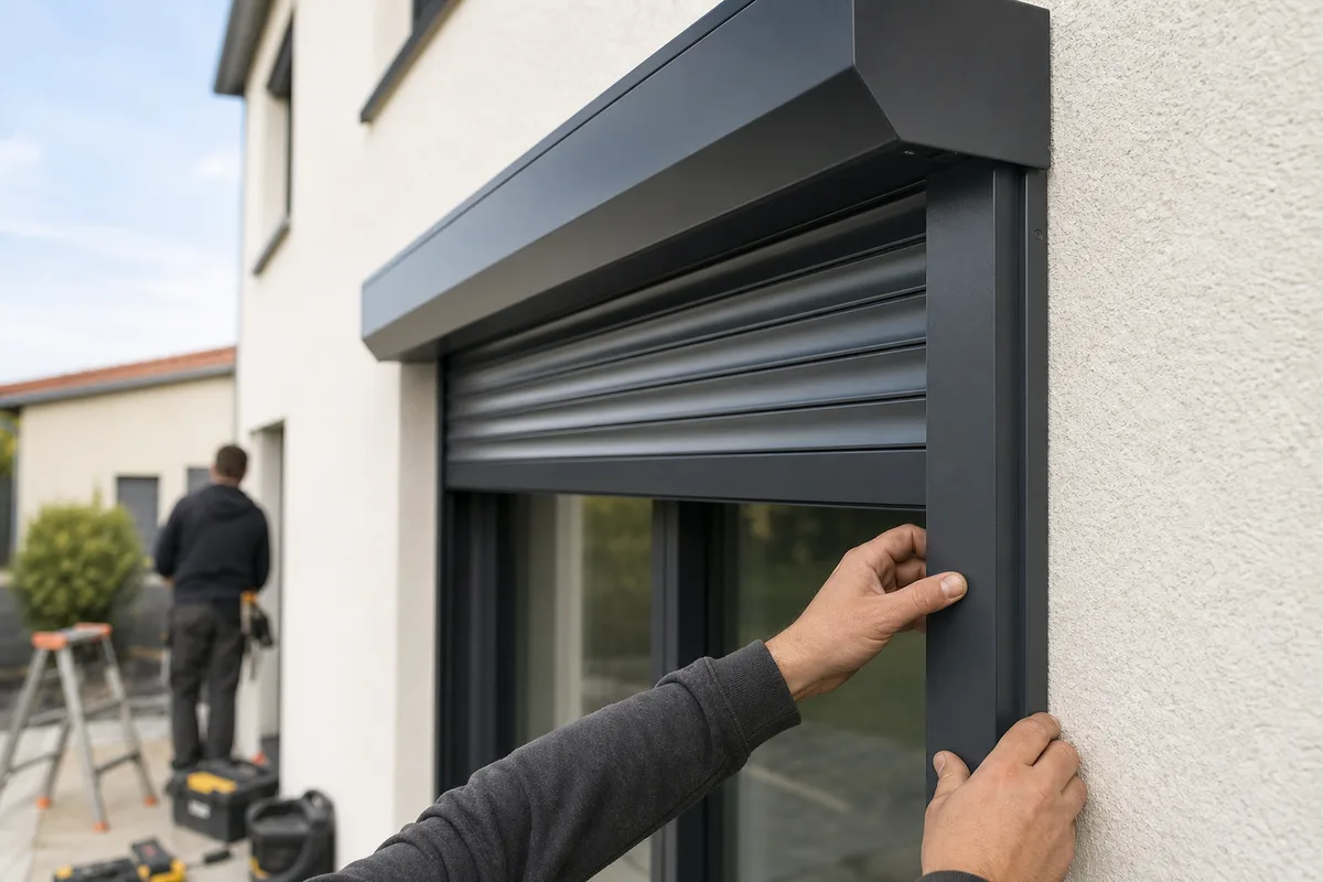 Pose d’un volet roulant en applique sur une façade en enduit clair, réglage du coffre et du tablier