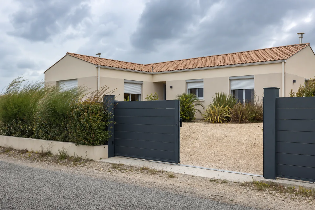 Maison basse vendéenne avec volets roulants et portail coulissant sous un ciel d’ouest chargé