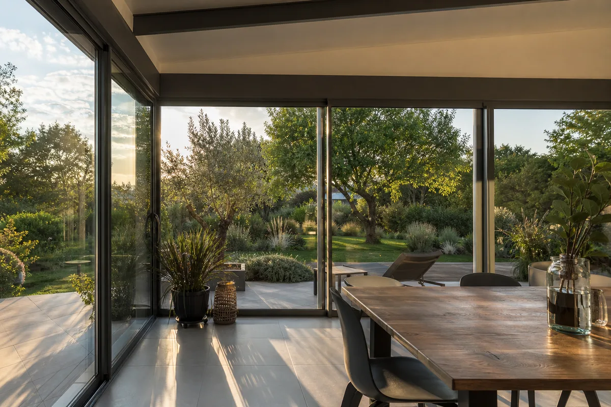 Véranda en aluminium laqué gris adossée à une maison vendéenne en enduit clair