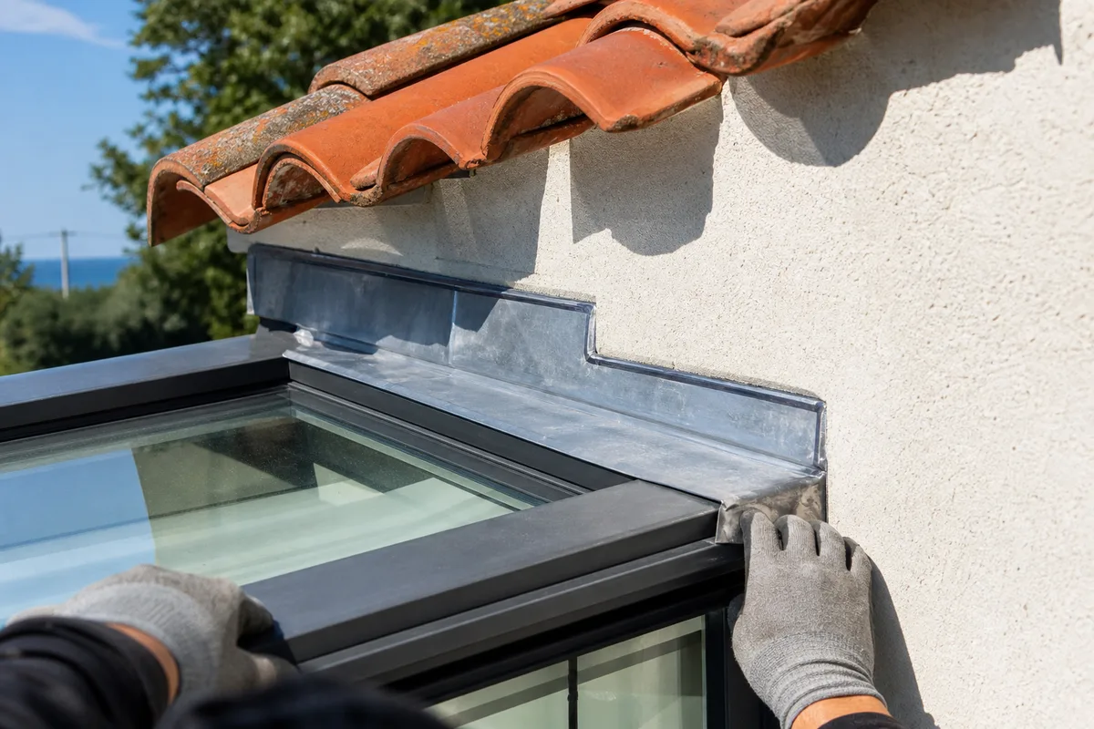 Raccord de toiture de véranda contre le mur pignon d&rsquo;un pavillon, solin et bavette zinc