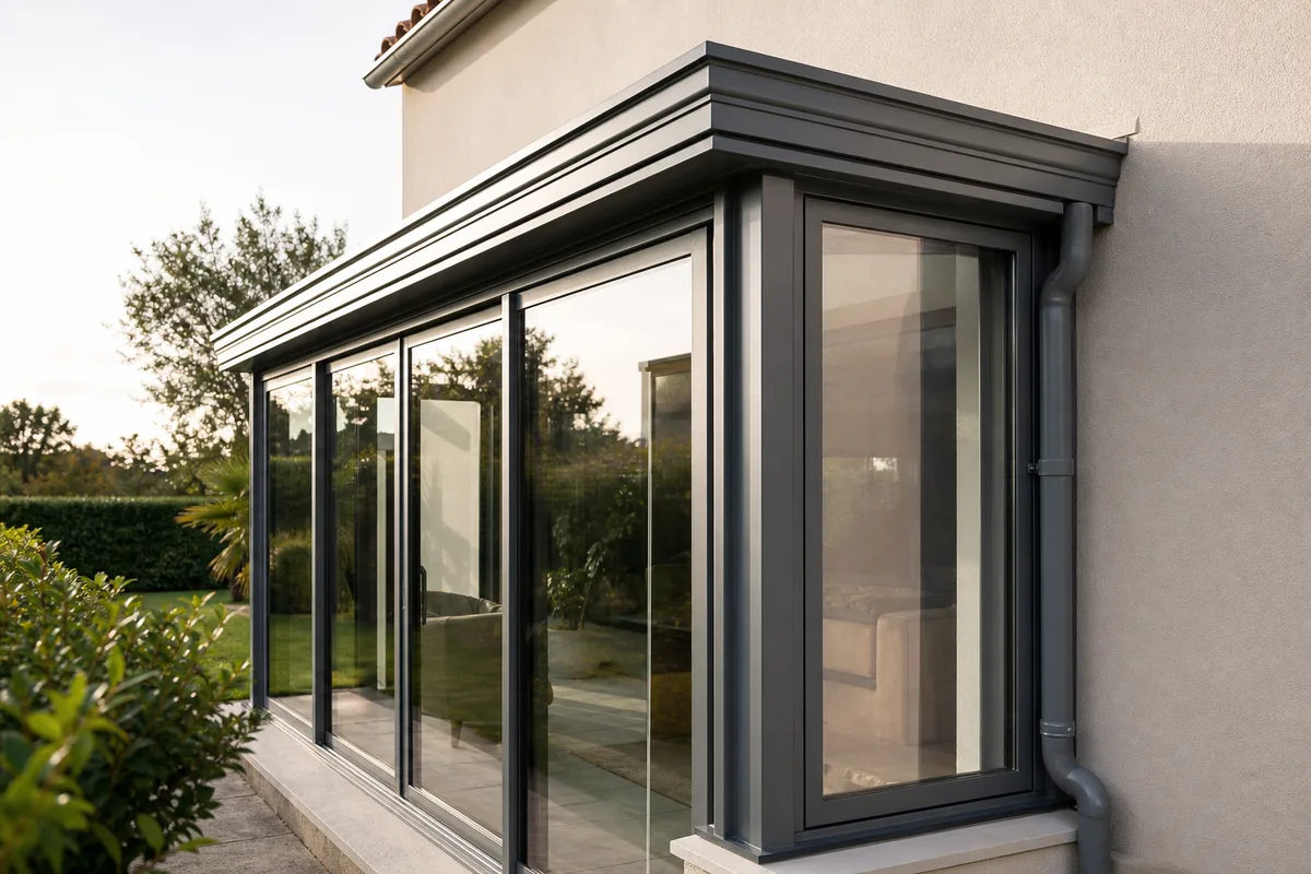 Véranda en aluminium gris accolée à une maison vendéenne en enduit clair, lumière de fin d&rsquo;après-midi