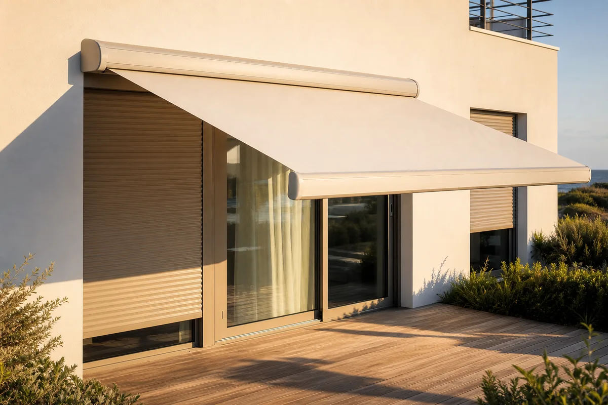 Façade de maison vendéenne en enduit clair équipée de volets roulants aluminium et d’un store banne déployé